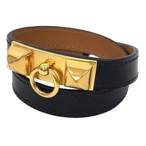 HERMES Black Leather Charm Bracelet